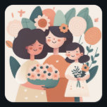 Cute cartoon mother daughter girls. Birthday party Square Sticker<br><div class="desc">Cute cartoon mother and daughters family Sticker for Birthday or Mothers Day.</div>