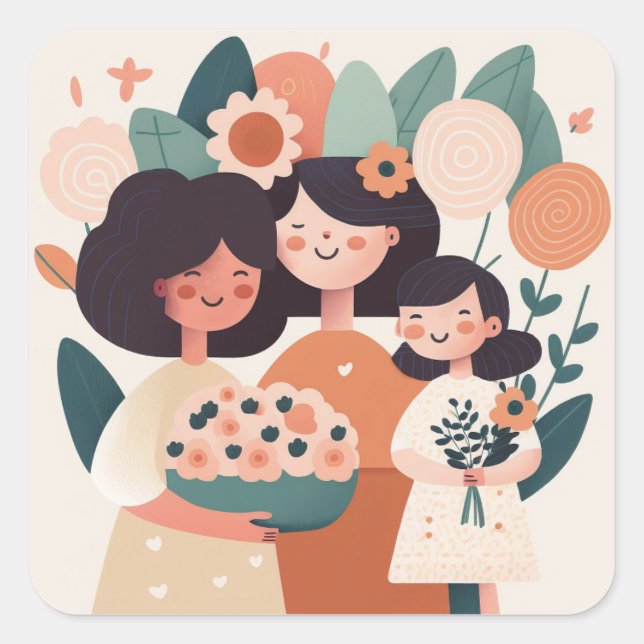 Cute cartoon mother daughter girls. Birthday party Square Sticker (Front)