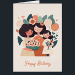 Cute cartoon mother daughter girls. Happy Birthday<br><div class="desc">Cute cartoon mother and daughters family card for birthday.</div>