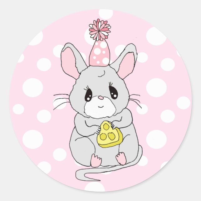 Cute Cartoon Mouse with Birthday Hat and Cheese Classic Round Sticker (Front)