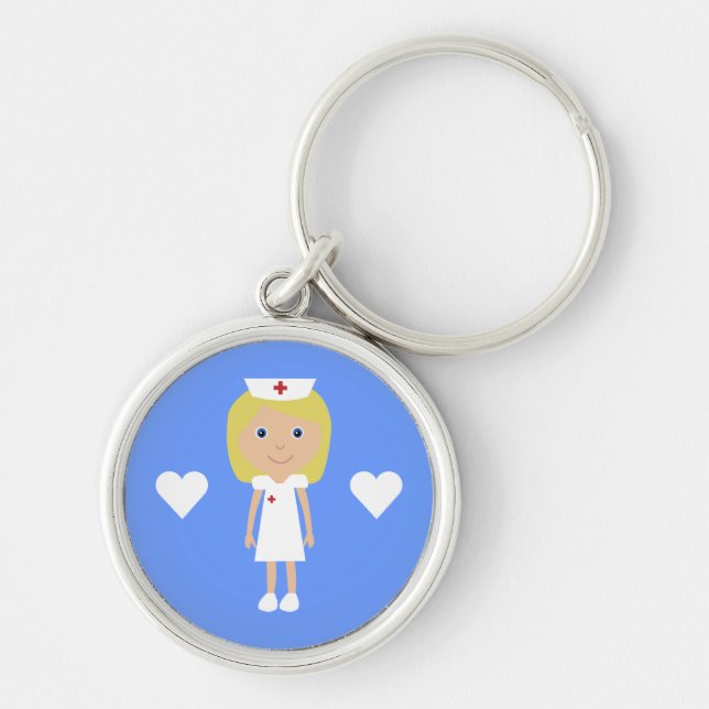 Cute Cartoon Nurse & Hearts Customisable Key Ring (Front)
