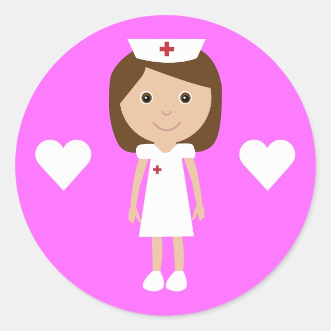 Cute Cartoon Nurse & Hearts Customisable Pink Classic Round Sticker (Front)
