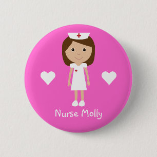 Cute Cartoon Nurse & Hearts Personalised Pink 6 Cm Round Badge