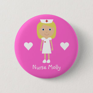 Cute Cartoon Nurse & Hearts Personalised Pink 6 Cm Round Badge