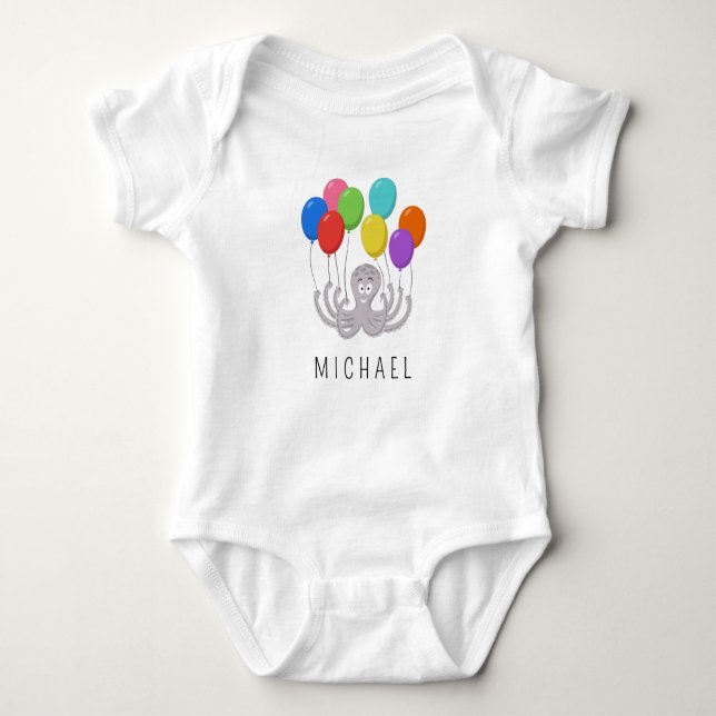 cute Cartoon Octopus and Rainbow Balloons Baby Bodysuit (Front)