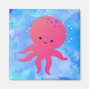 Cute Cartoon Octopus In Blue Ocean Watercolor Magnet