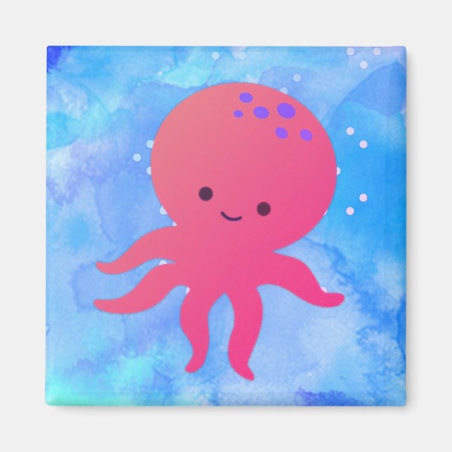 Cute Cartoon Octopus In Blue Ocean Watercolor Magnet (Front)