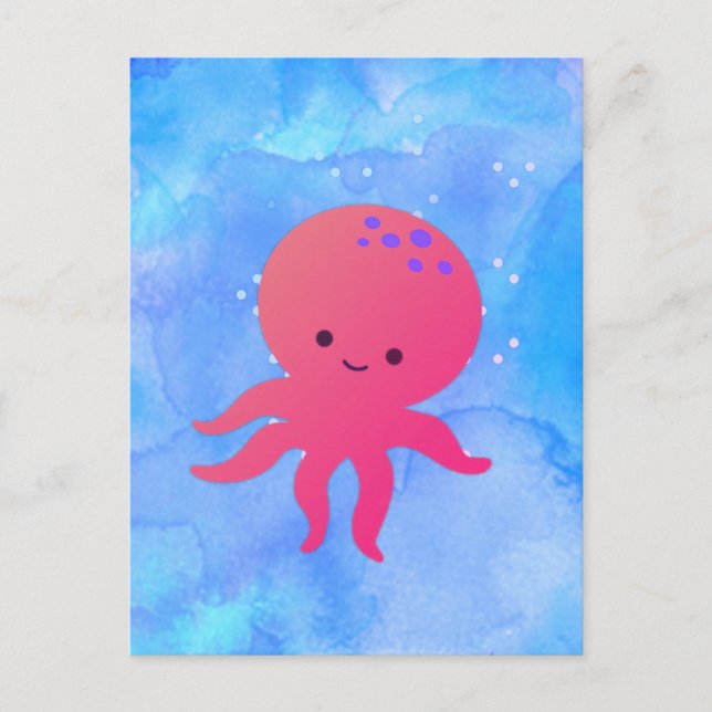 Cute Cartoon Octopus In Blue Ocean Watercolor Postcard (Front)