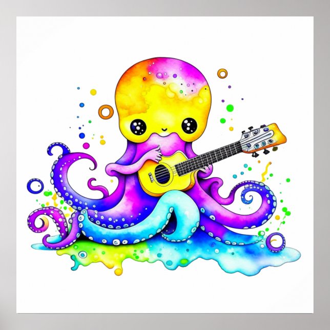 Cute Cartoon Octopus Playing the Guitar  Poster (Front)