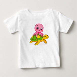 Cute Cartoon Octopus Riding On A Turtle Baby T-Shirt