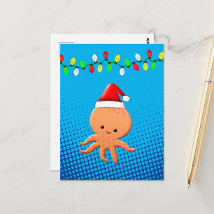 Cute Cartoon Octopus Santa Hat Christmas Lights Postcard