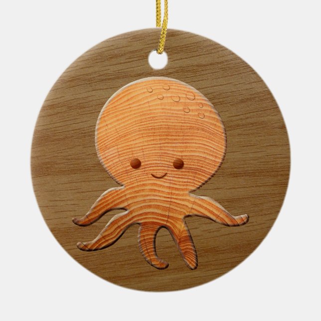 Cute Cartoon Octopus With Faux Wood Print Ceramic Tree Decoration (Front)