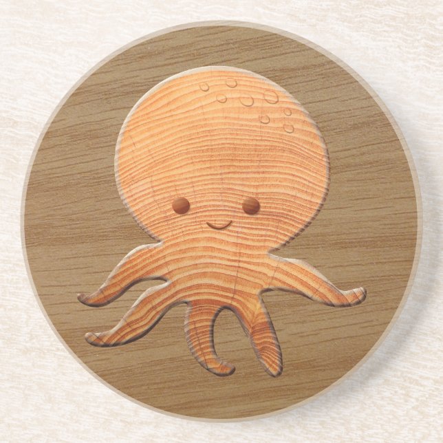 Cute Cartoon Octopus With Faux Wood Print Coaster (Front)