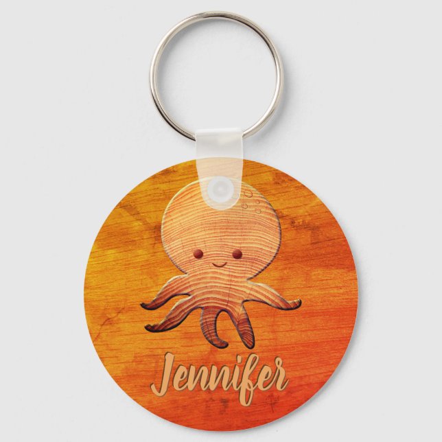 Cute Cartoon Octopus With Faux Wood Print Key Ring (Front)