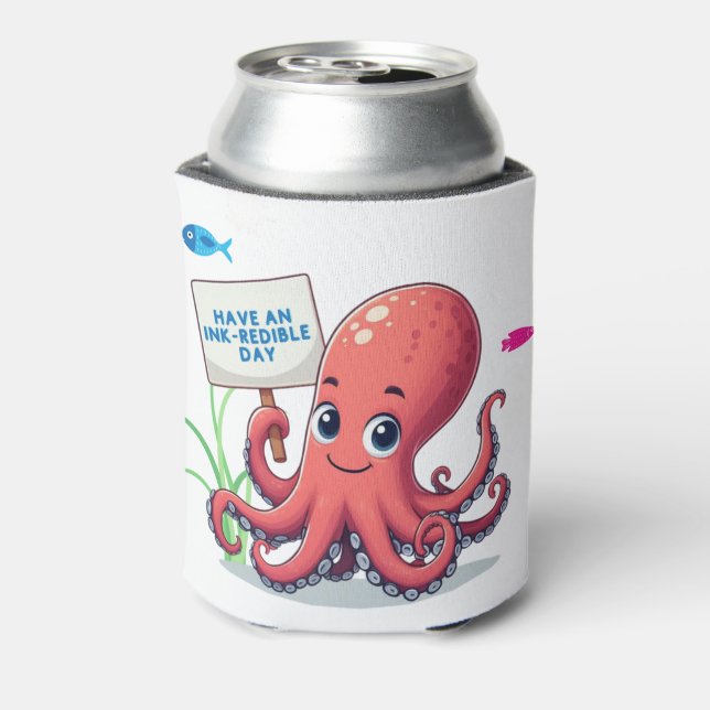 Cute, cartoon octopus with fish can cooler (Can Back)