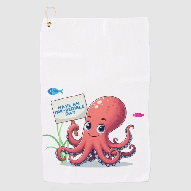 Cute, cartoon octopus with fish golf towel (Front)