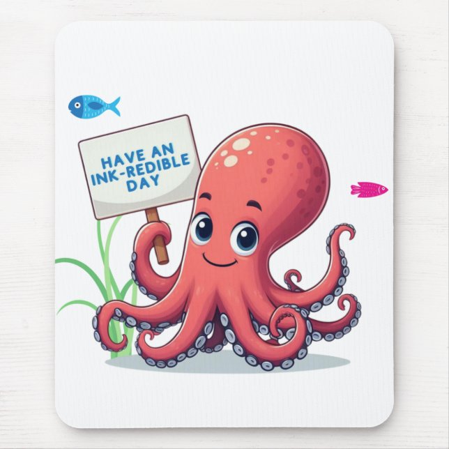 Cute, cartoon octopus with fish mouse pad (Front)