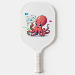 Cute, cartoon octopus with fish pickleball paddle