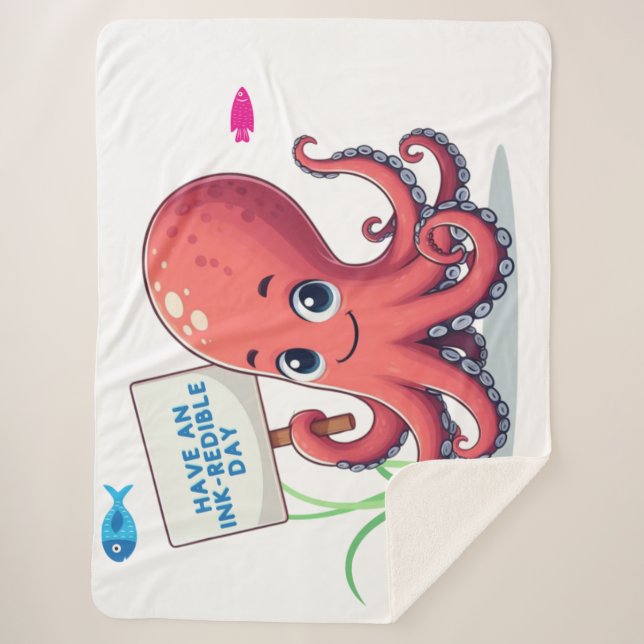 Cute, cartoon octopus with fish sherpa blanket (Front)
