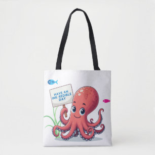 Cute, cartoon octopus with fish tote bag