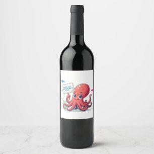Cute, cartoon octopus with fish wine label