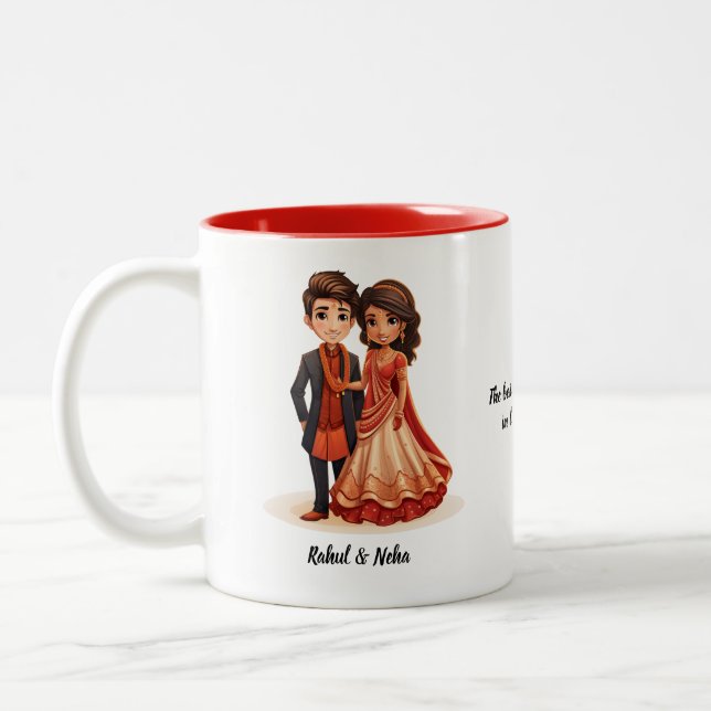 Cute Cartoon of Desi Bride & Groom Indian Wedding  Two-Tone Coffee Mug (Left)