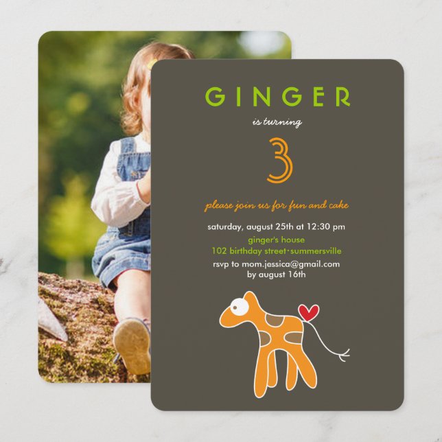 Cute Cartoon Orange Giraffe Kid's Birthday Photo Invitation (Front/Back)