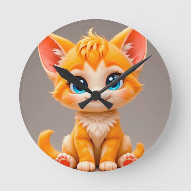 Cute Cartoon Orange Kitten Round Clock (Front)