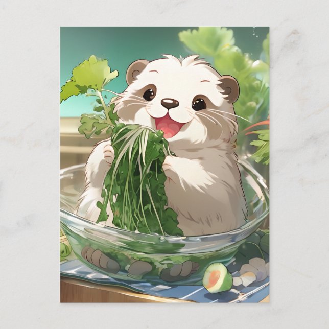 Cute Cartoon Otter Eats Salad Postcard (Front)