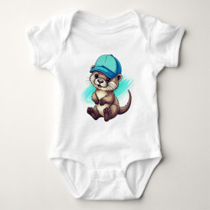 Cute Cartoon Otter Wearing a Blue Baseball Cap Baby Bodysuit