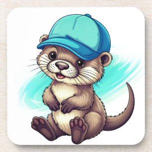 Cute Cartoon Otter Wearing a Blue Baseball Cap Coaster