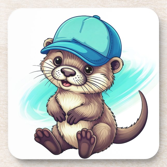 Cute Cartoon Otter Wearing a Blue Baseball Cap Coaster (Front)