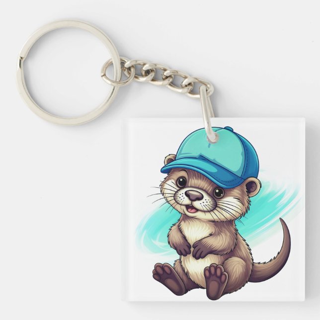 Cute Cartoon Otter Wearing a Blue Baseball Cap Key Ring (Front)
