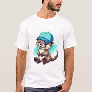 Cute Cartoon Otter Wearing a Blue Baseball Cap T-Shirt