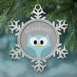 Cute Cartoon Owl - Blue and Gray Custom Name Snowflake Pewter Christmas Ornament<br><div class="desc">A modern and simple owl with trendy colors. You can add a name,  monogram or other custom text. If you need to move the art around,  click on the customize button to make changes.</div>