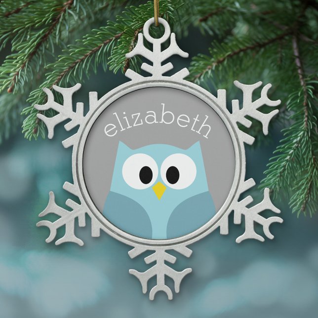 Cute Cartoon Owl - Blue and Gray Custom Name Snowflake Pewter Christmas Ornament (Personalized pewter Christmas Ornament)