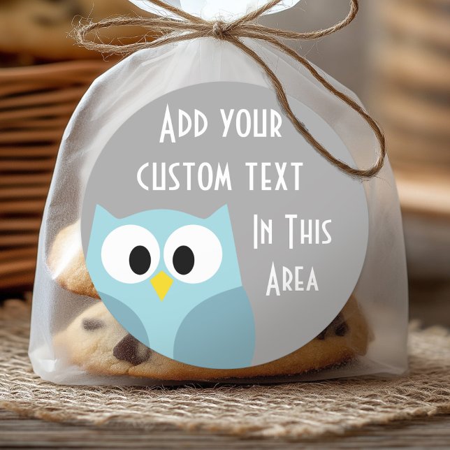 Cute Cartoon Owl - Blue and Grey Custom Name Classic Round Sticker (Personalized Sticker)