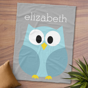 Cute Cartoon Owl - Blue and Grey Custom Name Fleece Blanket