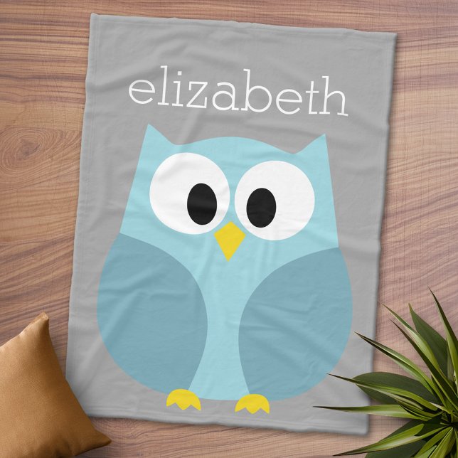 Cute Cartoon Owl - Blue and Grey Custom Name Fleece Blanket (Personalized Fleece Blanket - Add Photos and Text or Customize completely in advanced design area)