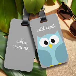 Cute Cartoon Owl - Blue and Grey Custom Name Luggage Tag