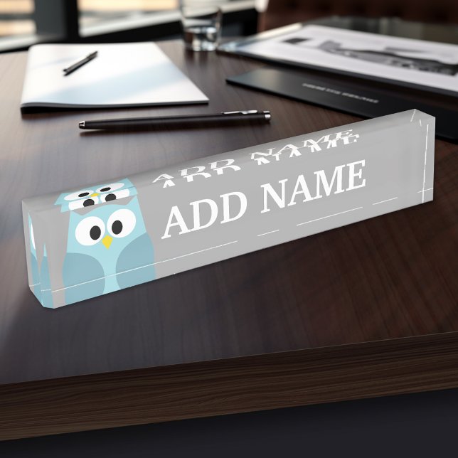 Cute Cartoon Owl - Blue and Grey Custom Name Nameplate (Personalized Name Plate for the Office, School or Home)