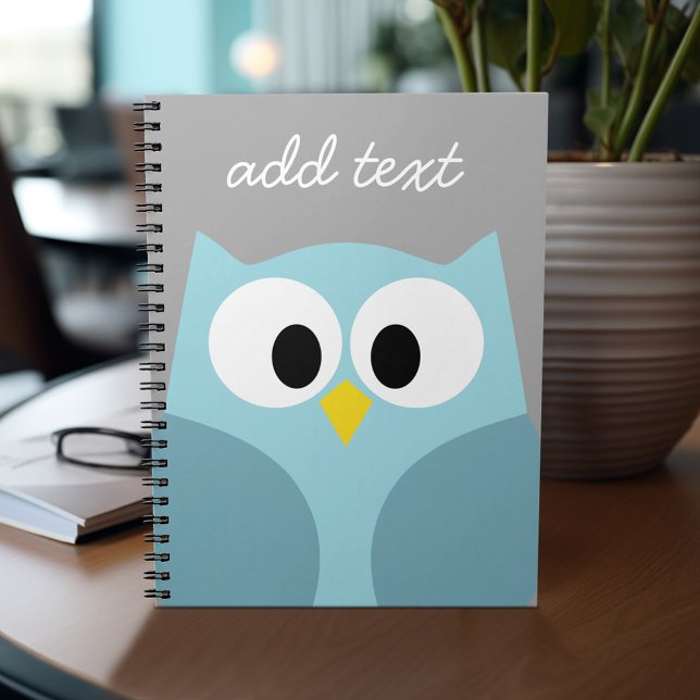 Cute Cartoon Owl - Blue and Grey Custom Name Notebook (Personalized notebook - add your name or other text)