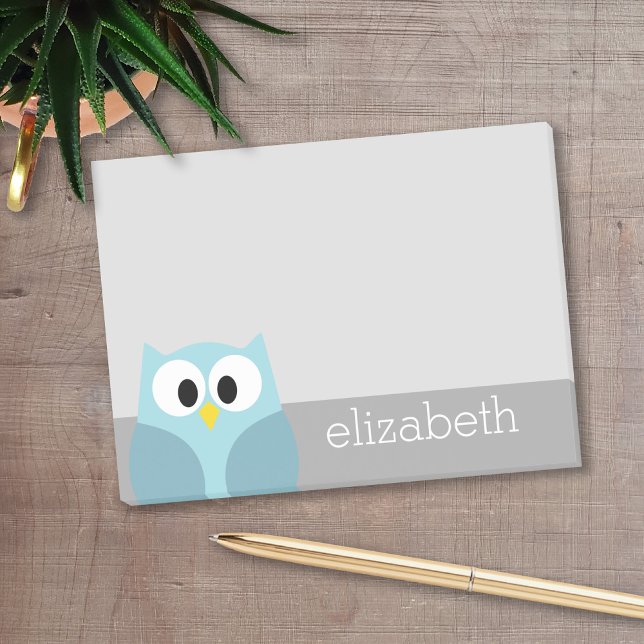 Cute Cartoon Owl - Blue and Grey Custom Name Post-it Notes (Personalized post it notes with low quantity. Add your personal touch.)