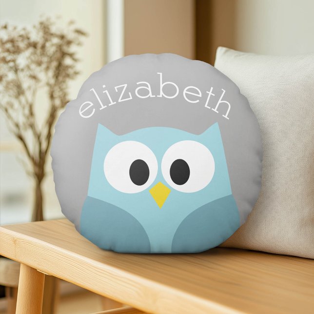 Cute Cartoon Owl - Blue and Grey Custom Name Round Cushion (Custom Pillow)