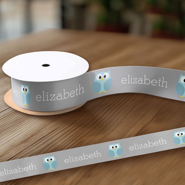 Cute Cartoon Owl - Blue and Grey Custom Name Satin Ribbon (Custom Ribbon on a Roll - Personalize this ribbon with you text)