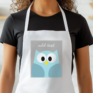 Cute Cartoon Owl - Blue and Grey Custom Name Standard Apron