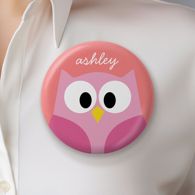 Cute Cartoon Owl in Pink and Coral 6 Cm Round Badge (Custom Button)