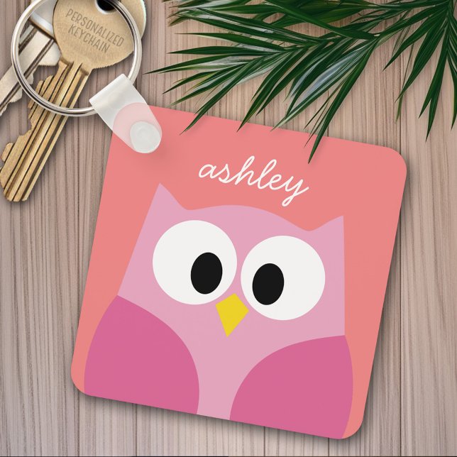 Cute Cartoon Owl in Pink and Coral Key Ring (Personalized keychain - add name)