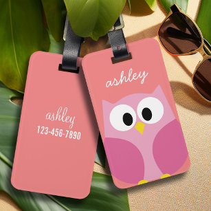 Cute Cartoon Owl in Pink and Coral Luggage Tag