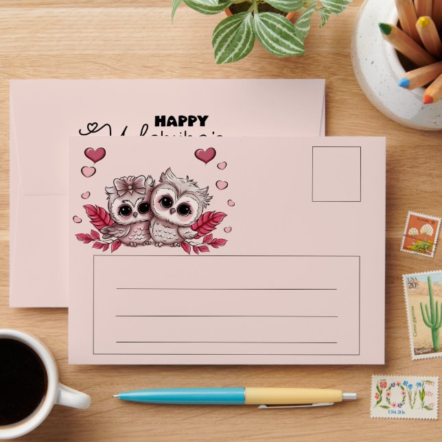 Cute Cartoon Owl Lovers Hearts Valentine’s Day Envelope (Desk)